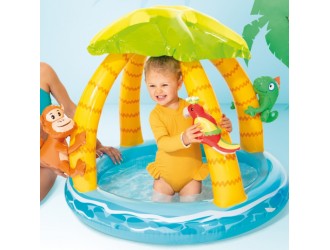 Piscina gonflabila pentru bebelusi Intex "Palmierii pe Insula", cu Baldachin si Podea moale, 102 x 86 cm, 1-3 ani
