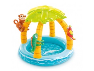 Piscina gonflabila pentru bebelusi Intex "Palmierii pe Insula", cu Baldachin si Podea moale, 102 x 86 cm, 1-3 ani