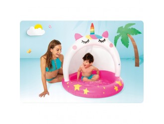 Piscina gonflabila pentru bebelusi Intex "Unicorn", cu Baldachin si Podea moale, 102 x 102 cm, 1-3 ani