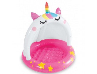 Piscina gonflabila pentru bebelusi Intex "Unicorn", cu Baldachin si Podea moale, 102 x 102 cm, 1-3 ani