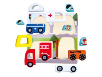 Puzzle educativ din lemn, Vehicule de salvare, 18x18x1,5 cm, 13 piese