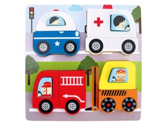 Puzzle educativ din lemn, Vehicule de salvare, 18x18x1,5 cm, 13 piese