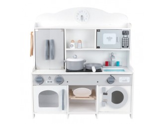 Bucatarie din lemn pentru copii cu masina de spalat, culoare alba, cu 12 accesorii, 64x69x23 cm