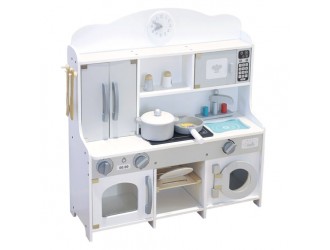 Bucatarie din lemn pentru copii cu masina de spalat, culoare alba, cu 12 accesorii, 64x69x23 cm