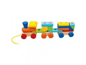 Tren din lemn cu sfoara si doua vagoane, 19 piese, 34x 11 x 7 cm