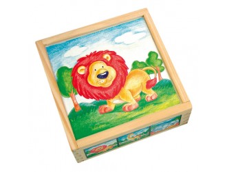 Set 9 cuburi puzzle din lemn pentru copii, 6 imagini, Animale Salbatice