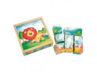 Set 9 cuburi puzzle din lemn pentru copii, 6 imagini, Animale Salbatice