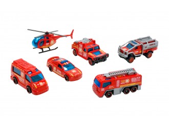 Set 6 masinute POMPIERI, cu accesorii in valiza