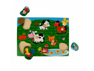  Puzzle-sorter din lemn cu buton Animale, 8 el. Woody