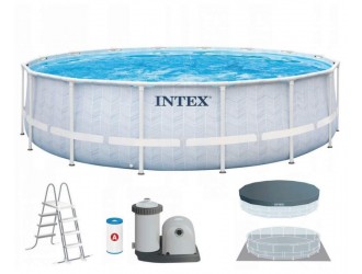 Piscina Premium Intex Prism Frame Chevron, Cadru Metalic, 488 x 122 cm, 19156 L, Set Complet: Pompa, Scara, Prelata si Covoras