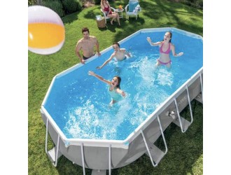 Piscina Ovala Premium Intex Prism Frame, 610 x 305 x 122 cm, 18202 L, Set Complet: Pompa, Scara, Prelata si Covoras