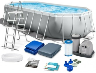 Piscina Ovala Premium Intex Prism Frame, 610 x 305 x 122 cm, 18202 L, Set Complet: Pompa, Scara, Prelata si Covoras