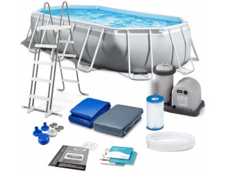 Piscina Ovala Intex Prism Frame, Cadru Metalic Galvanizat, 503 x 274 x 122 cm, 13365 L, Set Complet: Pompa, Scara, Prelata si Covoras