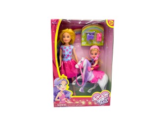 Set papusa 24 cm cu papusica 9 cm si figurina ponei