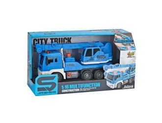 Jucarie Camion macara albastra cu frictiune, buton presiune, sunete si lumini, 1:16, jstoys, ZJA278621