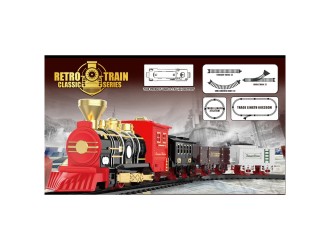 Set Tren Retro Clasic rosu-auriu-negru cu cale ferata, 3 vagoane, sunete Christmas, ZJA370852