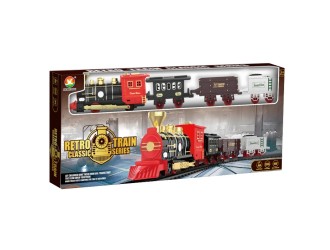 Set Tren Retro Clasic rosu-auriu-negru cu cale ferata, 3 vagoane, sunete Christmas, ZJA370852