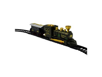 Set Tren Retro Clasic negru-auriu-verde cu cale ferata, 3 vagoane, sunete Christmas, lumini, ZJA370855