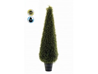 Piramida decorativa din buxus artificial, d 40cm, h 135cm, in ghiveci de 25cm din plastic, rezistenta UV