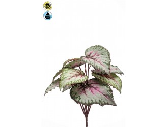 Tufa artificiala cu frunze de begonie, gri/roz, rezistenta UV, 25cm