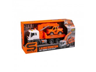 Evacuator portocaliu cu macara si frictiune, buton presiune, sunete si lumini, 1:16, JSTOYS, ZJA278625