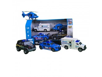  Set cu 4 autospeciale politie, cu frictiune, sunete si lumini, 1:20, JSTOYS, ZJA363881