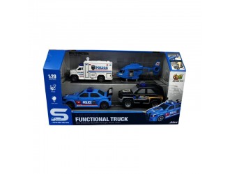  Set cu 4 autospeciale politie, cu frictiune, sunete si lumini, 1:20, JSTOYS, ZJA363881