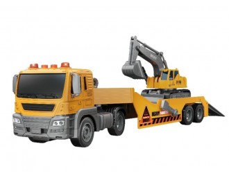 Camion transportator cu excavator, frictiune, sunete si lumini, 1:16, JSTOYS, ZJA375400
