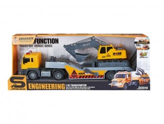 Camion transportator cu excavator, frictiune, sunete si lumini, 1:16, JSTOYS, ZJA375400