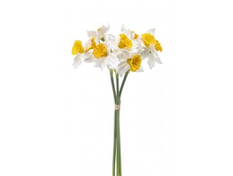Buchet artificial Narcise (Narcissus), set 3 fire, alb/galben, 38 cm
