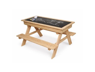 Set mobilier gradina copii din lemn, masa cu 2 banci si nisipar cu capac tip tabla pentru creta, 93x78x68 cm, interior/exterior