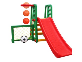 Tobogan multifunctional pentru copii, 4 trepte, cos baschet cu minge si poarta fotbal, reglabil pe inaltime, VERDE, 167x51x103 cm