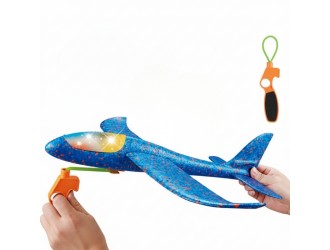 Avion ALBASTRU din polistiren pentru copii cu lansare slingshot, cu lumini LED, jucarie exterior, ZJA293875