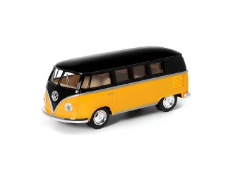 Macheta auto metalica 1962 Volkswagen Classical Bus (Black Top) Kinsmart KT5376W, scara 1:32, cu usi care se deschid, Galben