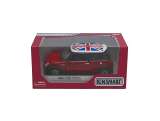 Macheta auto metalica Mini Cooper S cu steagul Marii Britanii Kinsmart KT5059WFB, scara 1:28, cu usi care se deschid, Rosu