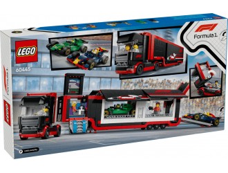 Set de constructie LEGO City 60445 Camion F1 cu masinile RB20 si AMR24, jucarie de construit