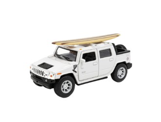 Macheta auto metalica 2005 Hummer H2 SUT cu placa de surf Kinsmart KT5097WS1, scara 1:40, cu usi care se deschid, Alb