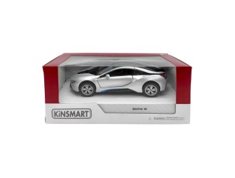 Macheta auto metalica BMW i8 Kinsmart KT5379W, scara 1:38, cu usi care se deschid, Gri deschis
